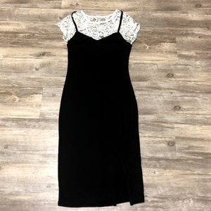 Black Midi Dress With White Lace Shirt- Small